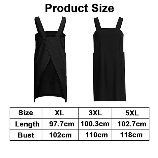 Løse hjemmeklær i bomullslin for kvinner, kryssryggforkle, pinafore-kjole for baking, matlaging, hagearbeid, arbeid 5XL svart 5XL Black