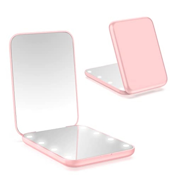 Förstorande spegel med ljus, 1x/2x handhållen fickspegel, liten resespegel för smink, belyst kompakt spegel för handväska (rosa)