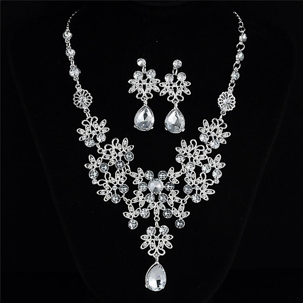 Bröllop Smyckesset Kristall Blomma Hänge Halsband + Örhängen Gåva För Kvinnor, 1 Set, Blå
