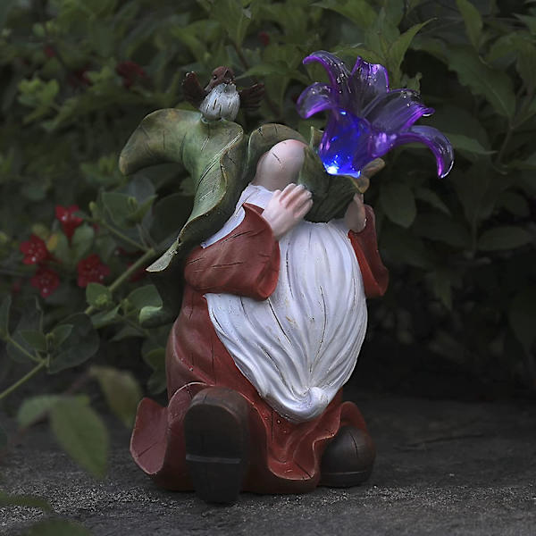 Hagegnom Statue - Resin Gnomen Figurer som Spiller Blomster - Liten med Solcelle-LED Lys, Utendørs Vårhageplen Dekorasjon, Dekorasjoner