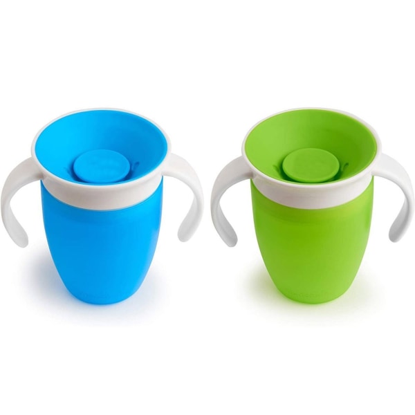 360 Sippy-koppsett for trener og småbarn, sølsikkert, 2-pakning, blå/grønn Lekkasjesikker og kvelningssikker kopp, lærekopp