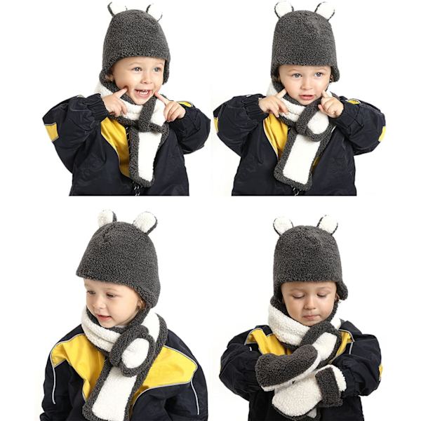 Vintermössa, Halsduk och Vantar för Barn, Flickor, Stickad Beanie-Set, Tjock och Varm, Söta Öronpompom (Mörkgrå + Vit)