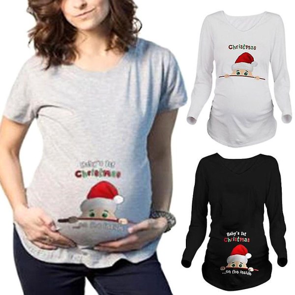 Gravid kvinna Jultomten med rund krage tryck andningsbar T-shirt till julfestxlVit långärmad White Long Sleeves xl