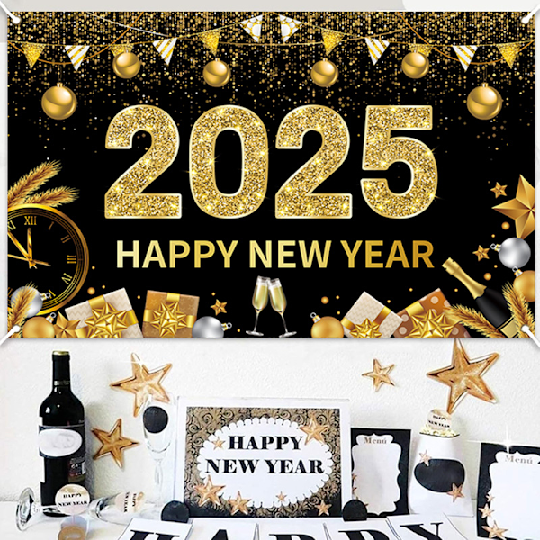 Happy New Year Festpynt Banner, Glitter Bakgrunn Banner for 2025 Happy New Year's Eve Festpynt