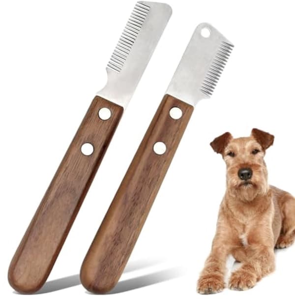 2-delt sæt med trimmeknive til kæledyr, klinger i rustfrit stål og træhåndtag, til hunde og katte, underuld og løse hår
