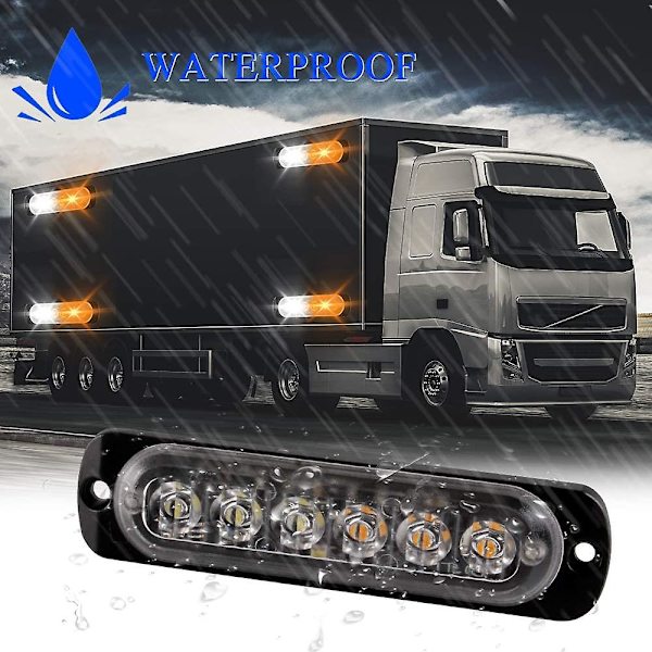 4-pack 12-24V Nödljusstänger med blixt - 6 LED-blixtvarningsljusremsor för lastbil, motorcykel, bil - Gul & Vit