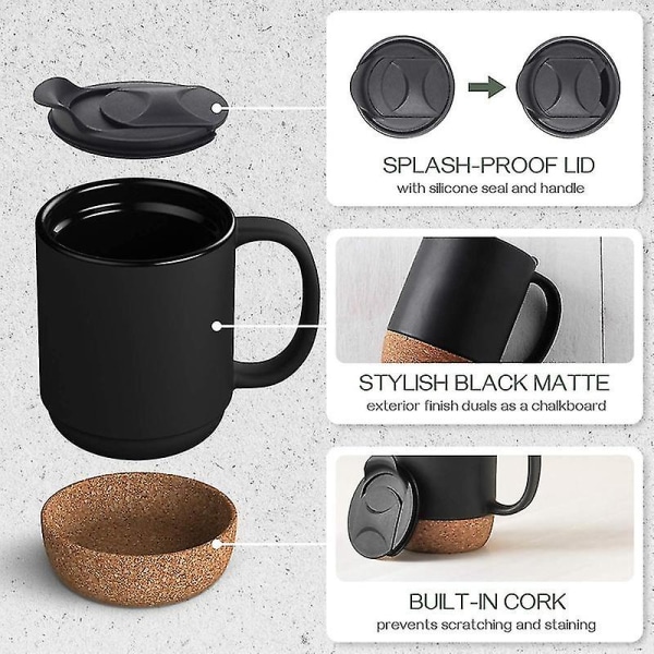 15 Oz keramikkkrus og sprutdeksel, stor kopp med håndtak, svart