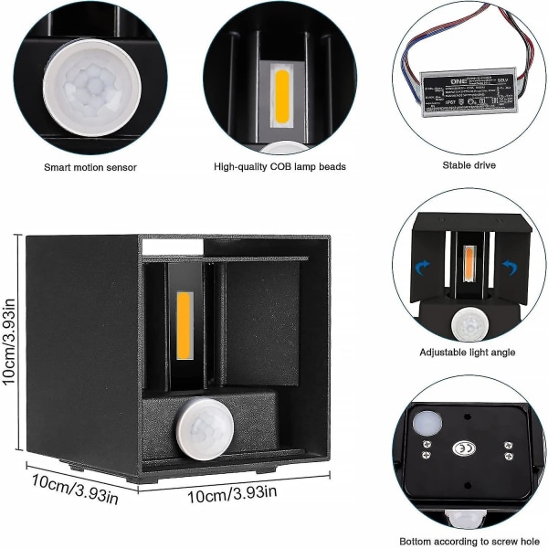 LED Vegglampe, 12W Vanntett Sensorlampe, Øvre og Nedre Vegglampe med Langvarig Energibesparende LED, Egnet for Stue og Gang, 4000K N