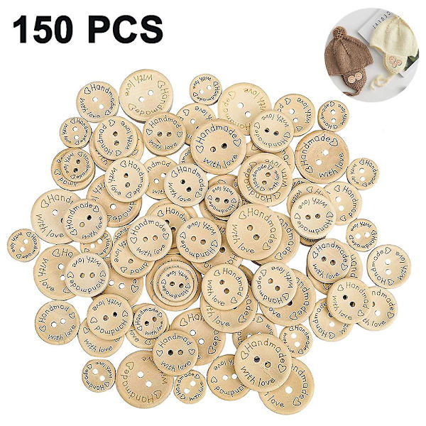 150 stycken handgjorda knappar Handgjorda med kärlek Träknapp 15mm 20mm Rund form Tråknappar för sömnad och pysseldekorationer