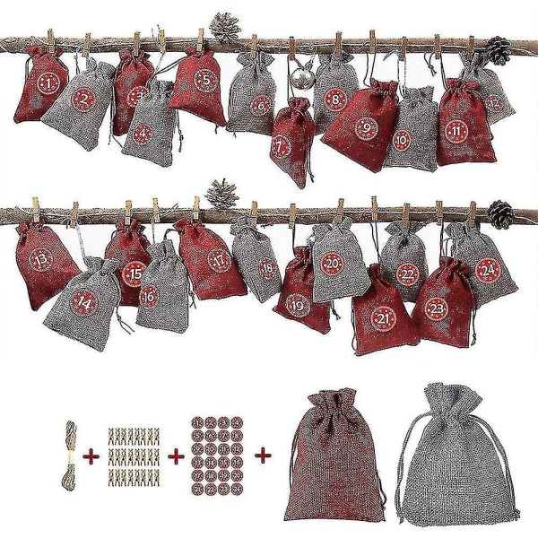 Adventskalender til å fylle, 24 filtposer og stoffposer til julepynt