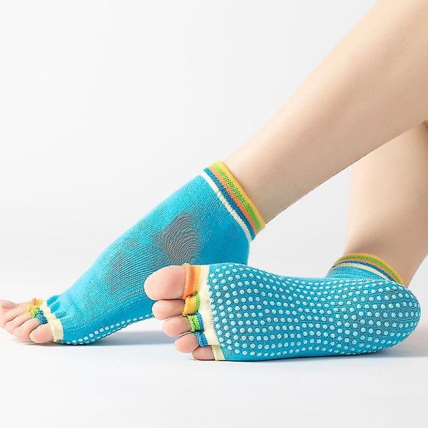 5 Finger Dam Färgglada Bekväma Yoga Pilates Bomullsstrumpor med Tågrepp Halkfria Hemmagymnastik Yoga Strumpor Halvfinger Blå Half finger Blue