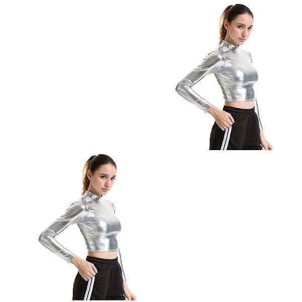 3 stk Sølv Sexy Ensfarget Bustier Lakklær Ytelse Kostyme Lang Erme Klær For Cosp 2pcs S