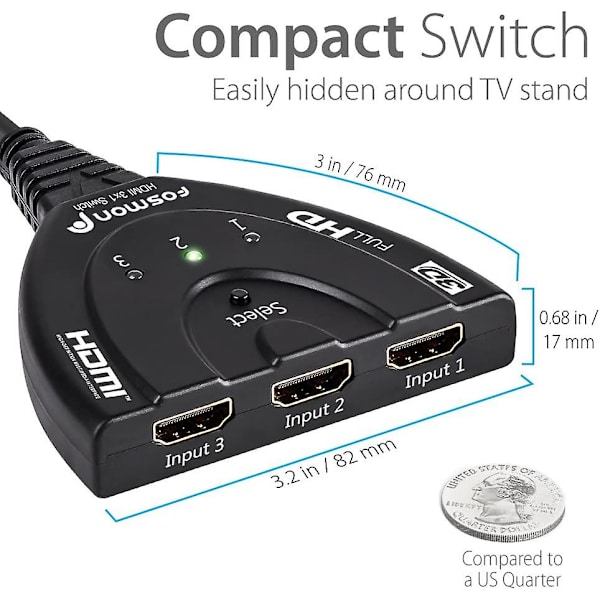 3-port HDMI-kytkin Full HD 1080p:lla ja kierteisellä kaapelilla