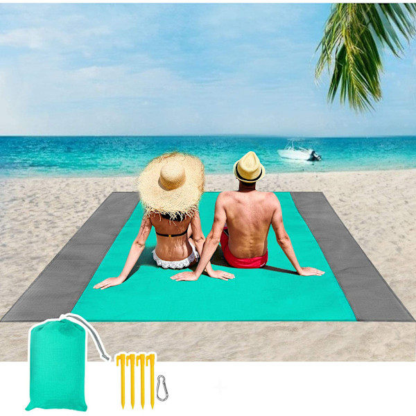 Strandteppe Ingen Sand 210 x 200 cm, Piknikteppe Vanntett Strandhåndkle Strandteppe Stort med 4 Fester - Sandrensende Strandteppe for