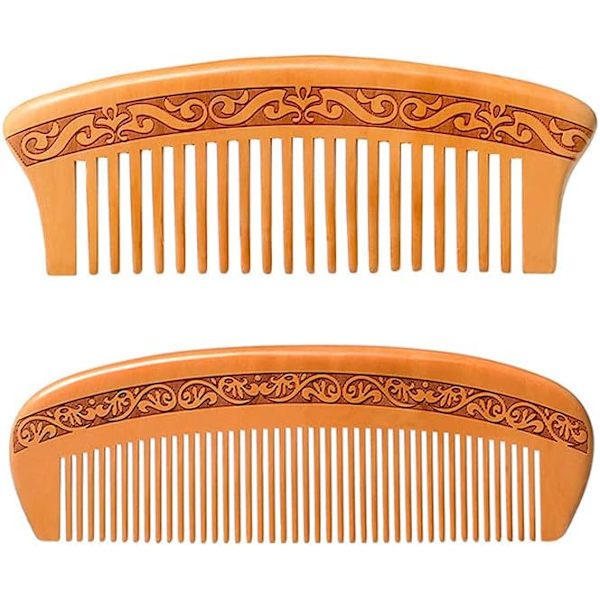 Trähårkam, Handgjord Trähårkam, Antistatisk, Masserar Hårbotten, 2-pack (1 Bredtandad och 1 Fintandad)