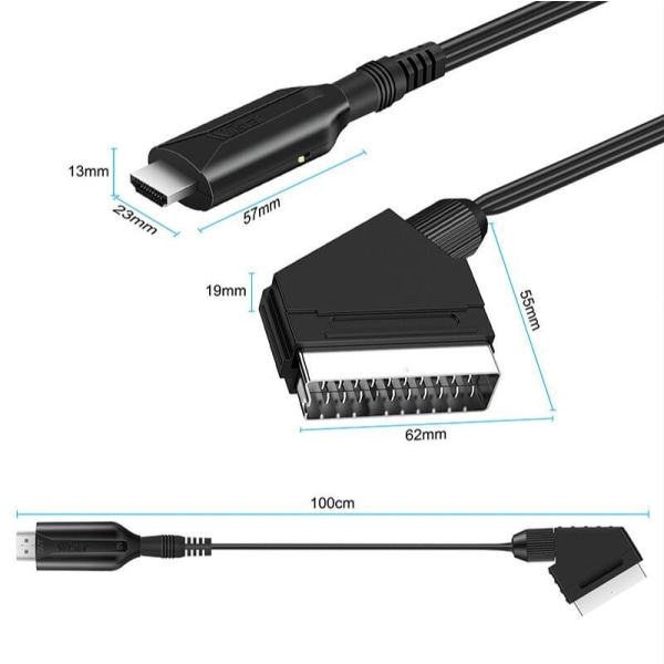 SCART til HDMI-kabel med 1 meters lengde, direkte tilkoblingskonverteringskabel, HD-konverter, spillkonsoll-adapter