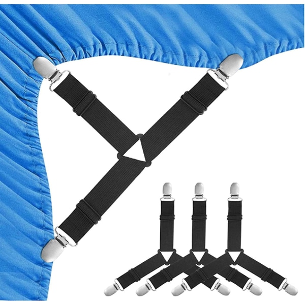 4 Styk Justerbare Elastiske Sengelinnedklemmer Trekant, Justerbar Sengelinnedklemme Rem Justerbar Sengelinnedholder Til Sengelinned, Sofa Og Mere 4stk Sort