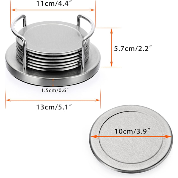 Set med 6 runda underlägg i rostfritt stål med hållare och svampbotten, silverfärgade metallunderlägg set med fantastiska coola underläggskoppar