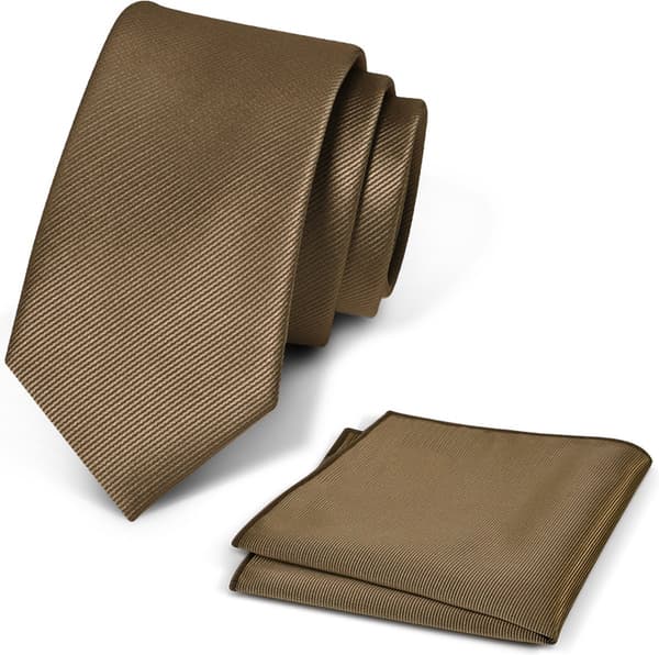 Slips- och näsduksset för herrar, klassisk brun slips i polyester med presentask för bröllop, affärer och formella tillfällen