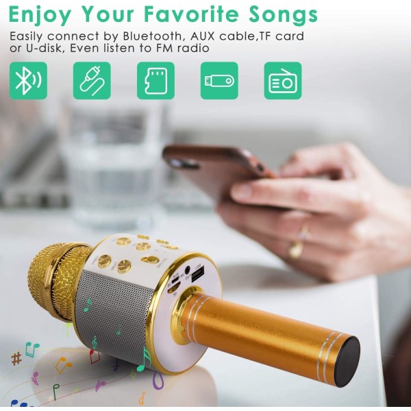 Langaton Bluetooth-karaokemikrofoni lapsille, 5-in-1 kannettava käsikaraokemikrofoni kaiutin soitin tallennin (Kulta)