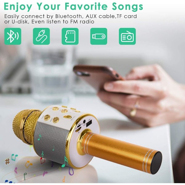 Trådlös Bluetooth Karaoke Mikrofon för Barn, 5-i-1 Bärbar Handhållen Karaoke Mikrofonhögtalare Spelare Recorder (Guld)