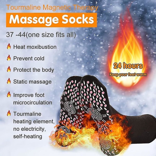 Oppvarmede sokker, 2 par selvvarmende sokker, termiske vintersokker Vinterturmalin Magnetiske sokker for skiSort Black