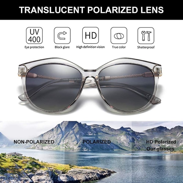 Solglasögon för kvinnor, polariserade, UV-skydd, transparent ram, grå ram, grå linser Transparent Gray Frame Gray Le