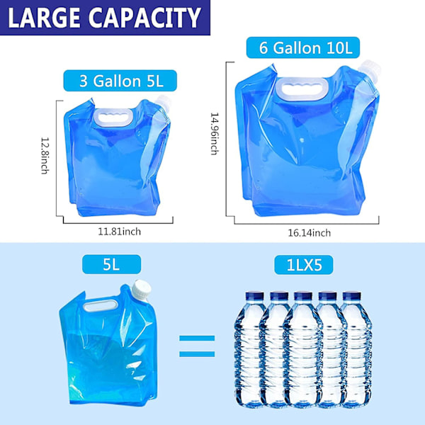 Set med 2 Vikbara och Bärbara Vattenbehållare (5 L + 10 L) Lämpliga för Vandring, Camping, Picknick, Resa, Grillning