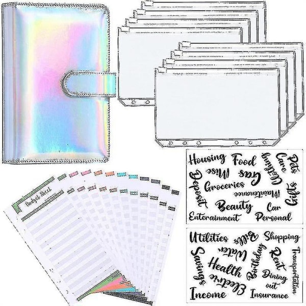 A6 Binder Budget Planner Notesbogsomslag Mappe Størrelse 6 Hull Lommer Plastik Lynlås Pengebesparende Konvolut Sølv Laser Silver Laser