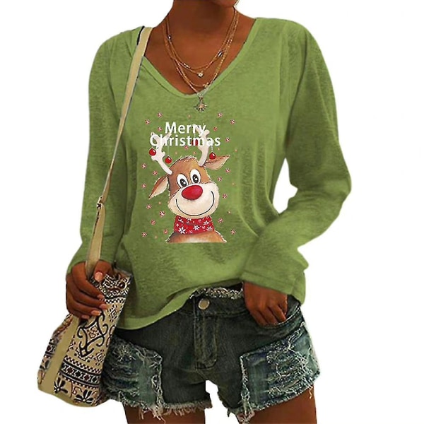 Kvinders Jule-Elg Print V-Hals T-shirt Julefritid Langærmet Trøje TopsSGrøn Green S