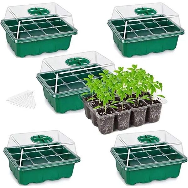 Siementen aloitusalusta, 5 pakkauksen paksujen siementen aloitusalustasarja, jossa on kosteuskupu / korotetut kannet Kasvualustat kasvihuoneisiin ja puutarhoihin, vihreä