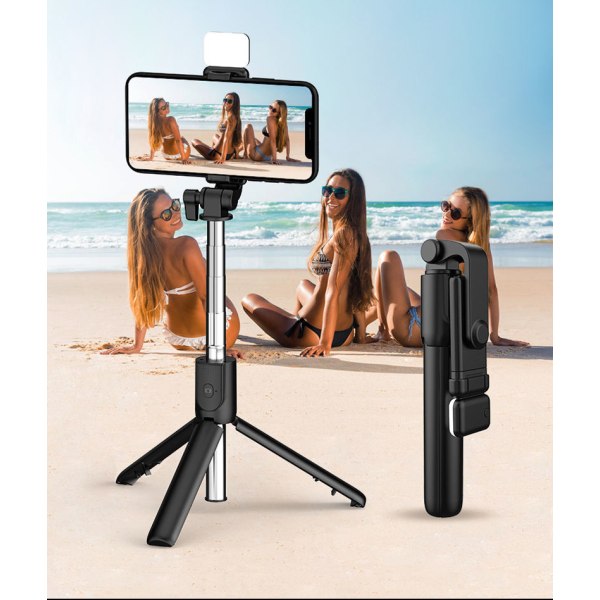 Mobiltelefonholder Selfie Live Streaming Mobiltelefon Lodret stativ til (sort med lys)