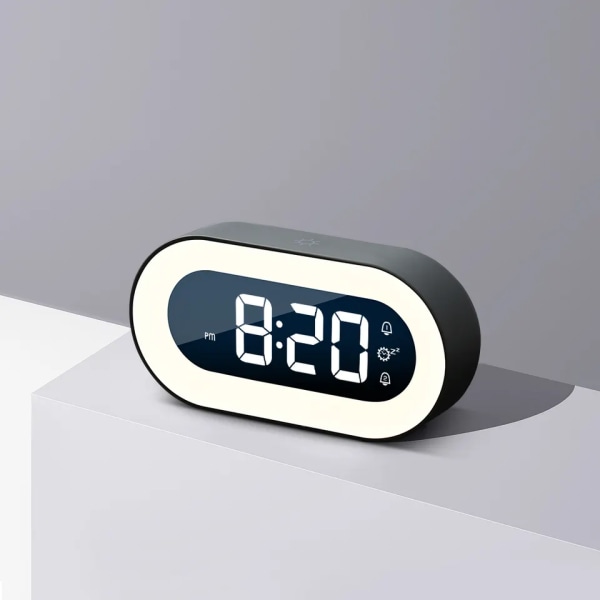 Svart smart nattljus digital väckarklocka med inomhustemperatur, manövrerad skrivbord liten klocka (vit)