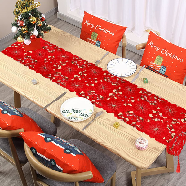 Christmas Table Runner, punainen joulubrodeerattu pöytäjalka, brodeerattu kukka, kirjailtu pöytäjalka joulupöytään