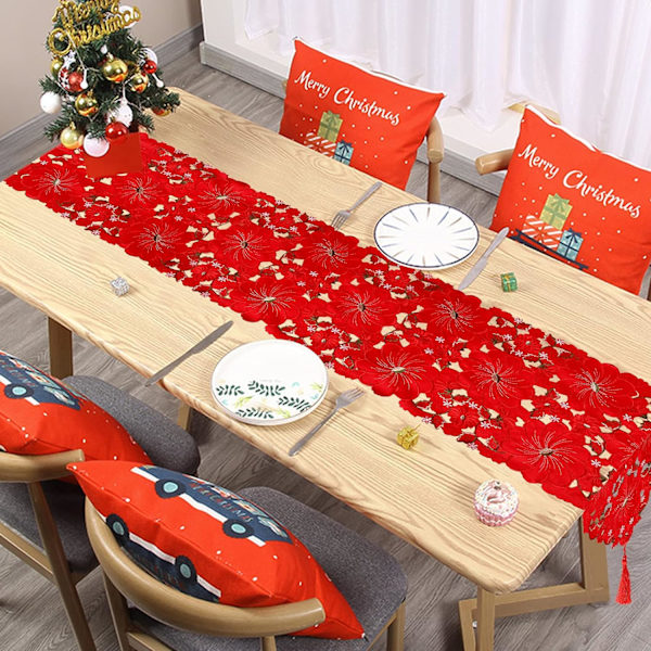 Julebordløber, Rød Julebroderet Bordløber Broderet Blomster Bordløber Julebroderet Bordløber til Julemiddag
