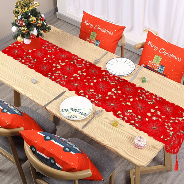 Julebordløber, rød julebroderet bordløber med broderede blomster bordløber julebroderet bordløber til julemiddag