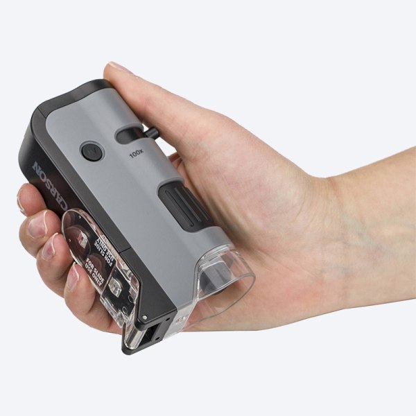 250x LED- og UV-belyst lommemikroskop med Flip Down Slide Base og Smartphone Digiscoping Clip