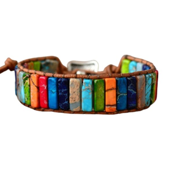 Chakraarmbånd Håndlavet Farverigt Armbånd Chakraperler Sten Læderindbundet Armbånd 32 colored stone round button_RY