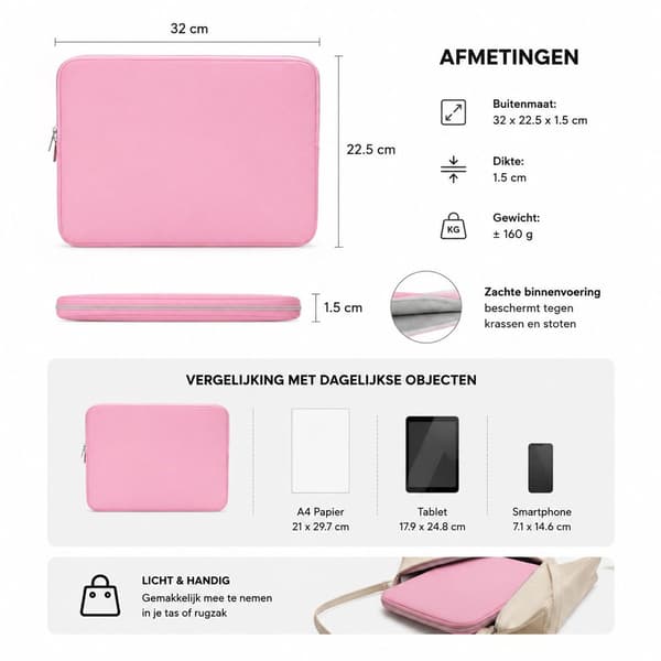 11-tommer laptop sleeve, stød- og ridsefast, til skole og kontor, pink, 32 x 22,5 x 1,5 cm