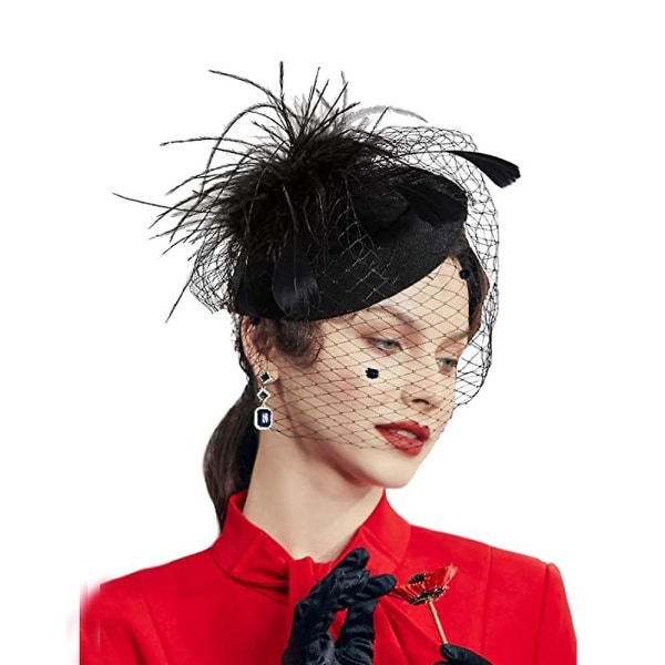 Hairpin Small Top Hat Head Flower Feather Net Gauze Theme Party Prom Holiday Headband HeaddressBlack