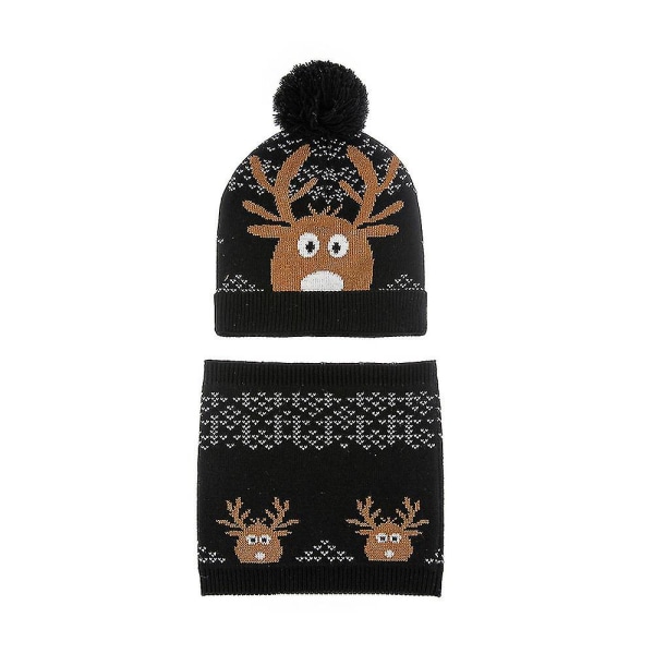 Strikket babylue, skjerfsett, vintervarm beanie for gutter og jenter, svart Black