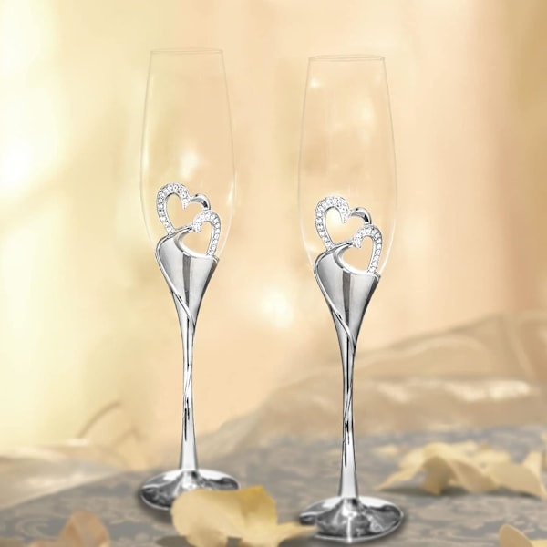 RY-Bryllupschampagneglas Sæt Sølv Toasting Fløjteglas 2 stk. med Rhinestone-kantede Hjertedekorationer, Sølv