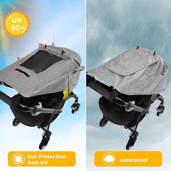 Universal Grå, Solskjerm for Barnevogn, Kalesje Solskjerm Markise for Vogn Carrycot, UV 50+ Justerbar Solbeskyttelse Vugge med Oppbevaringspose