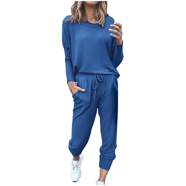 Damkläder Lösa Tvådelade Set Solid Långärmad Toppar Väst Casual Byxor SweatsuitSBlå Blue S