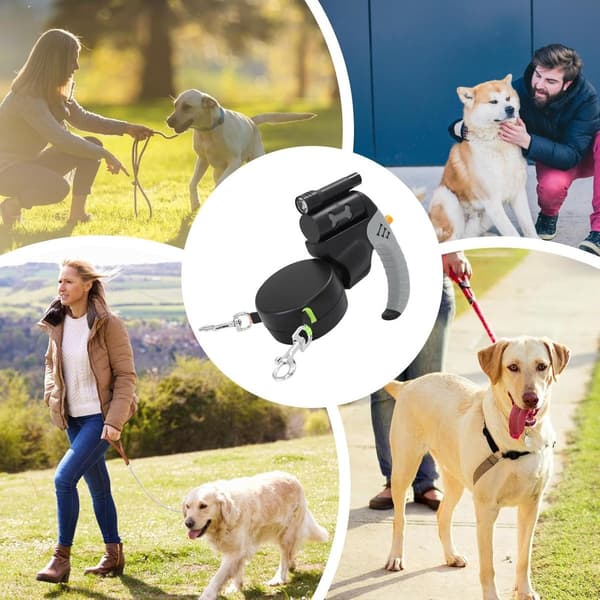 Infällbart dubbelt hundkoppel för två hundar, 360° trasselfritt med LED-ljus, reflekterande och avfallspåsedispenser för nattpromenader