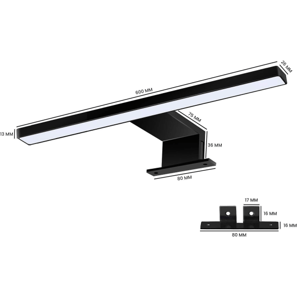 LED-peilivalaisin kylpyhuoneeseen, musta, 5W, 30 cm, 400 lm, kaapin seinävalaisin, 6000K kylmä valkoinen, IP44 vedenkestävä kiinnitysväline kylpyhuoneen kaappiin, pinta-asennus