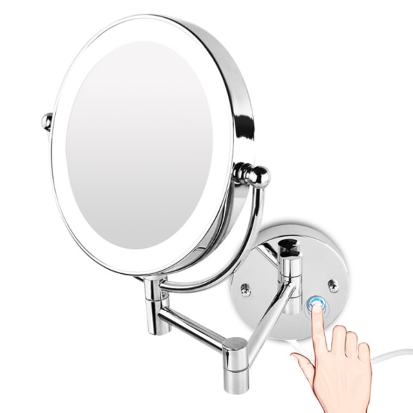 LED-forstørrelsesspejl, oplyst makeup-spejl, 3 gange forstørrelse, 360° dobbeltsidet rotation, let at installere, sølv