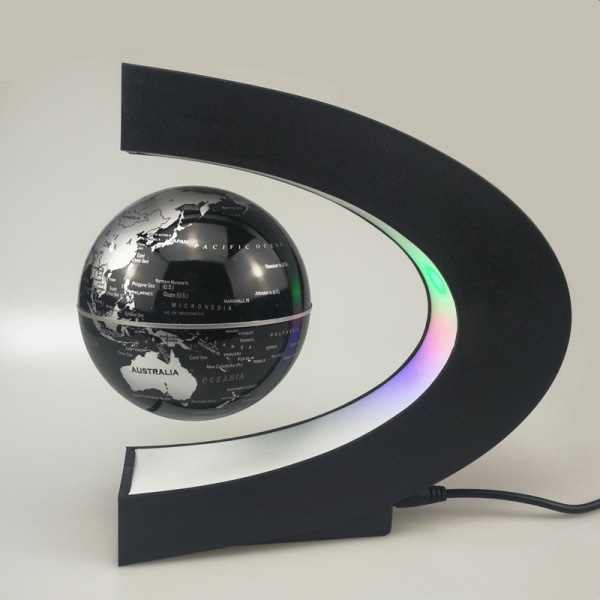Flytande klot Världskarta Kula Planet Earth Roterande med magnetisk levitation LED-skärm C-format plattformsstativ - utbildningspresent för barn, svart
