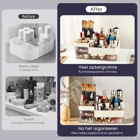 Makeup Organizer med 3 Skuffer, Multifunktionel Opbevaring til Hudpleje til Toilettet, Badeværelset, Soveværelset, Beige