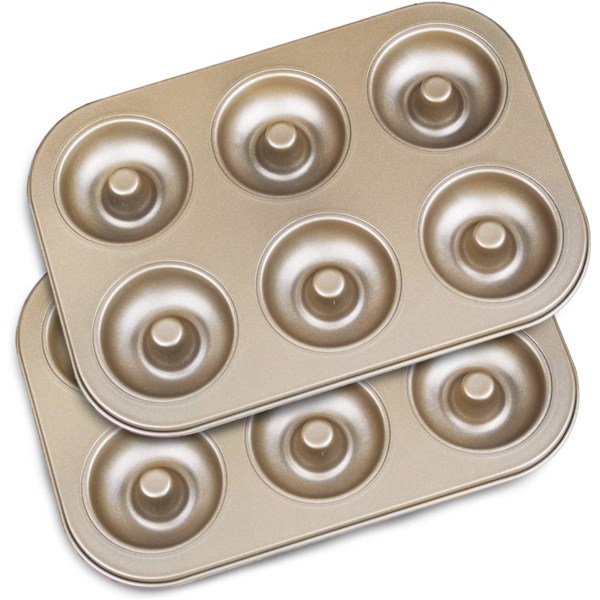 Donutform Non-Stick 6-hulroms bakeware karbonstål kakeform mini-størrelse donuts kjeks bagels (Champagne Gold 2pes)